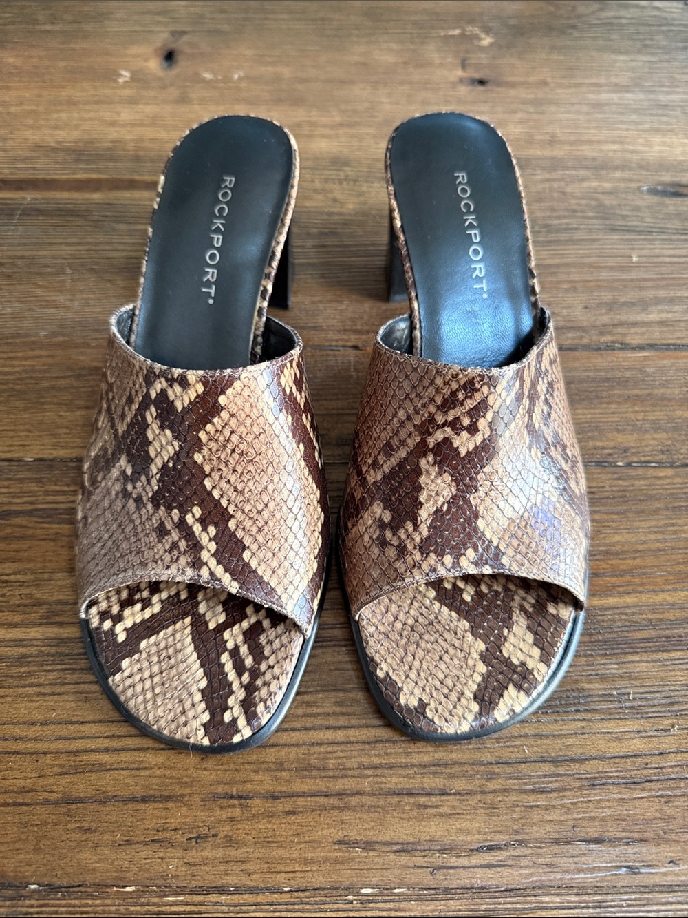 Rockport Brown Snake-Print Leather Open-Toe Leather Mules